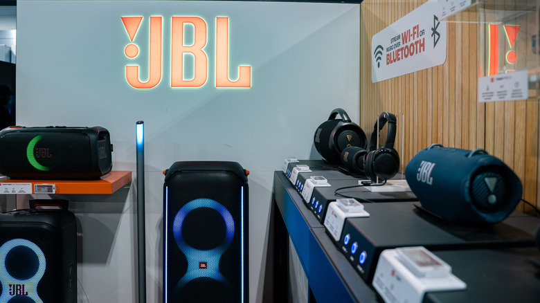 An electronic shop displaying a variety of speakers