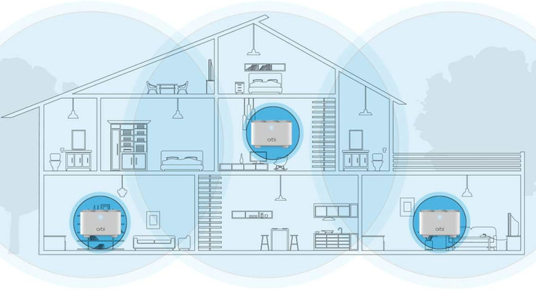 Orbi Whole mesh Wifi System, all three devices standing next to each other