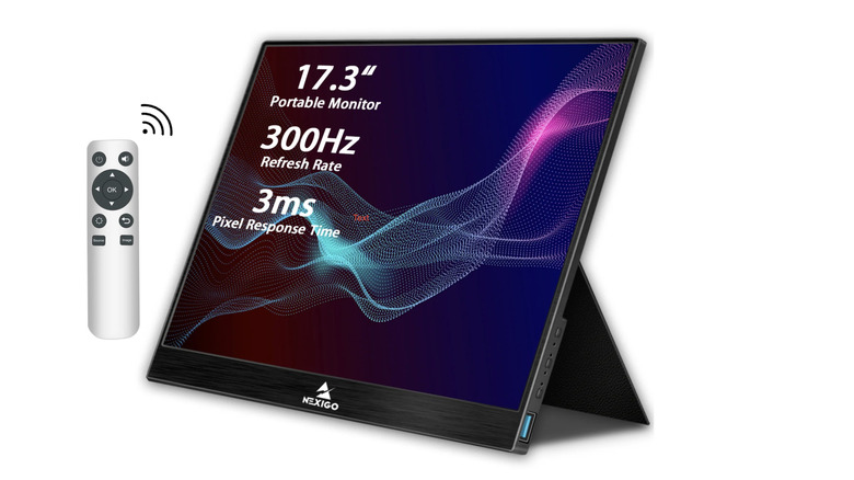 The NexiGo NG17FGQ portable monitor and remote on a white background