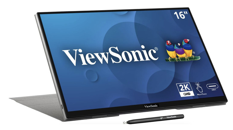 The ViewSonic TD1656-2K portable monitor and stylus on a white background
