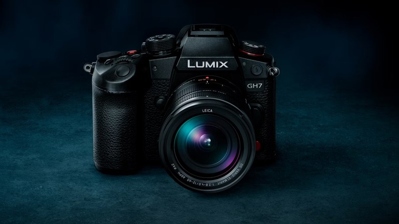 A Panasonic LUMIX GH7 camera against a mottled blue background