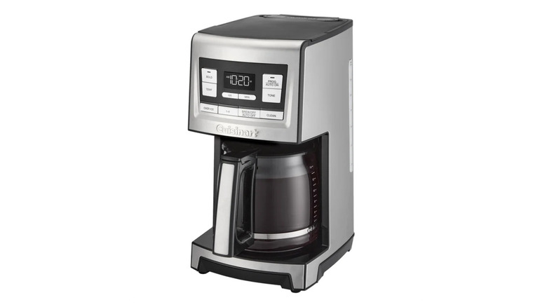 Coffee Maker with a full pot of coffee facing forward, showing time and display