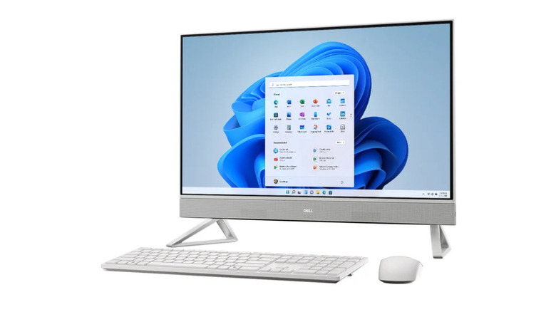 Dell All-in-One Desktop with monitor on and mouse and keyboard facing front