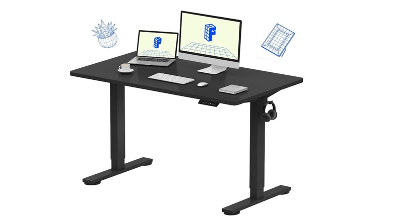 The FlexiSpot EN1 standing desk with a monitor, laptop, and other objects on top, all against a white background.