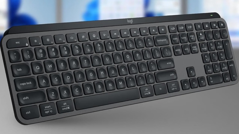 A Logitech MX Keys S wireless keyboard against a blurred background.