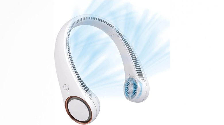 The Civpower Portable Neck Fan seen in a white void with blue lines to represent the cooling fans