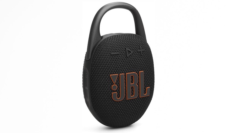 JBL Clip 5 Bluetooth Speaker in black with orange outline on the letters