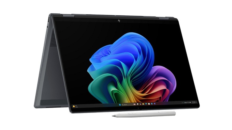 The HP OmniBook X Flip laptop in tent mode.