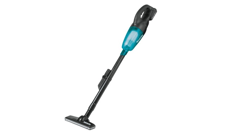 The Makita 18V LXT XLC02R1B cordless stick vacuum on a white background.