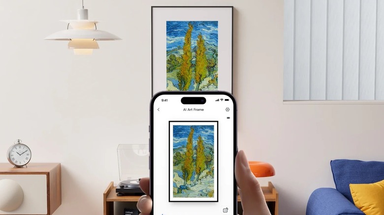 Picture frame hanging on the wall displaying art that's been generated in the Switchbot smartphone app