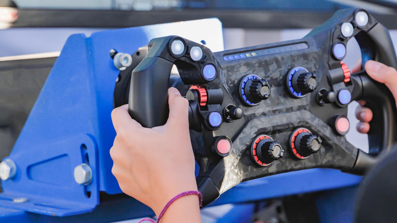 A person using an advanced sim racing wheel