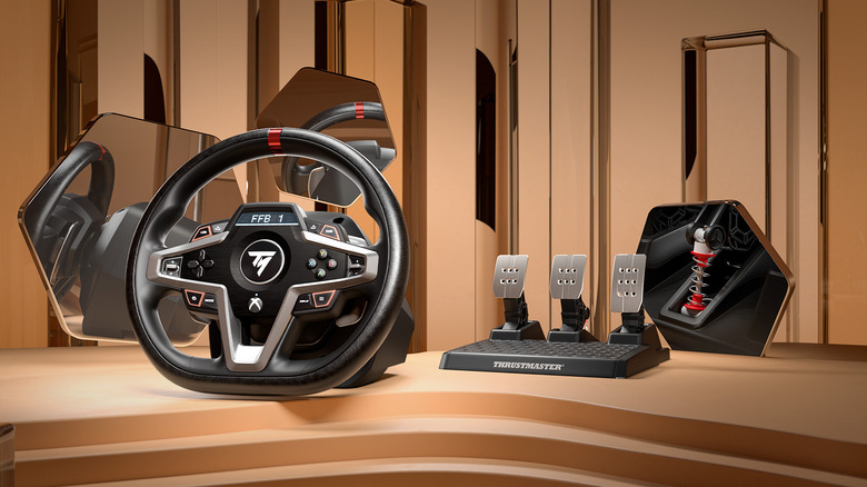 The Thrustmaster T248 steering wheel and pedals in a modern-looking environment