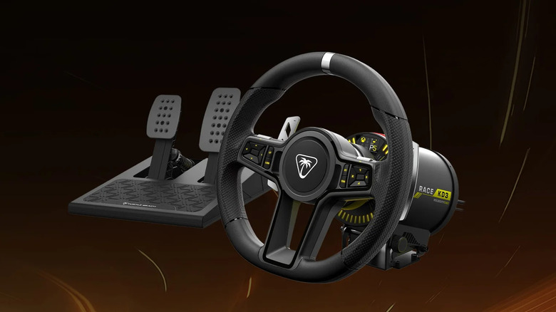 The Turtle Beach VelocityOne Race KD3 steering wheel and pedals on a stylized amber background