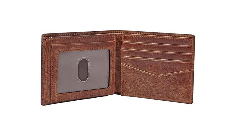 A traditional men's bifold leather wallet with a transparent ID holder