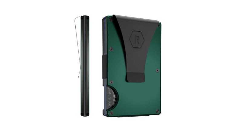 A sleek, compact metallic wallet in a green color with a gray money clip