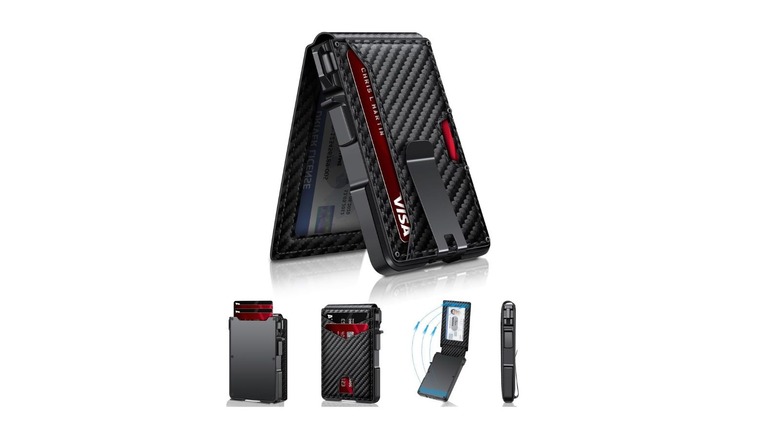 A unique boxy wallet with a leather exterior showing how it looks from different angels and when open