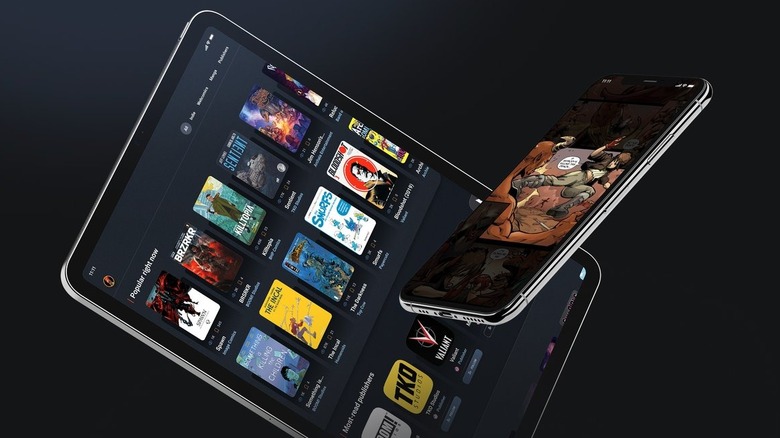 The GlobalComix app running on a tablet and a phone, which are floating on a dark gray background