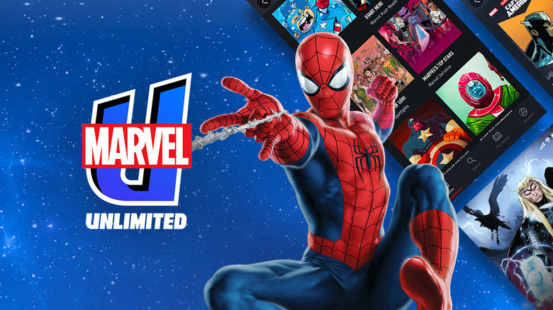 The Marvel Unlimited logo with Spider-Man shooting a web at it, with the app open on a phone floating on a blue background