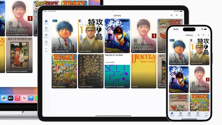 Tachimanga open on a tablet, phone, and Mac in the background