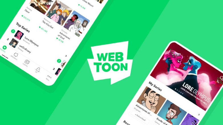 The Webtoon logo and example app screens
