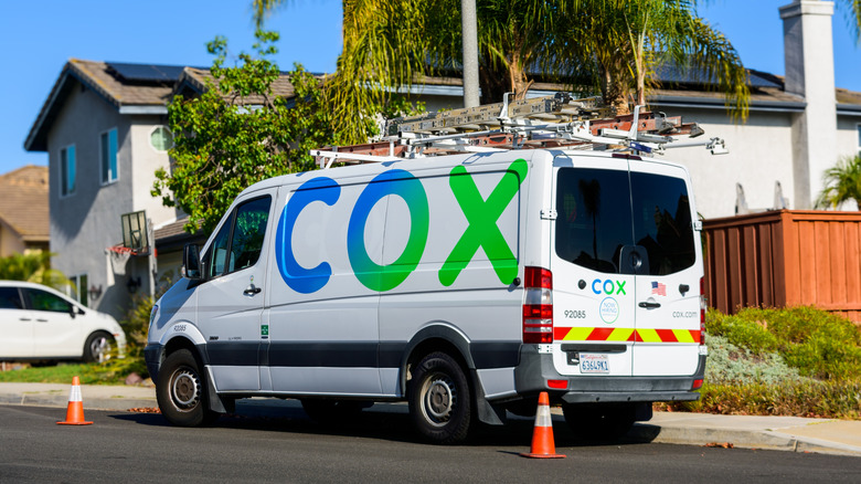 service truck of Cox Communication with the company logo printed on its side