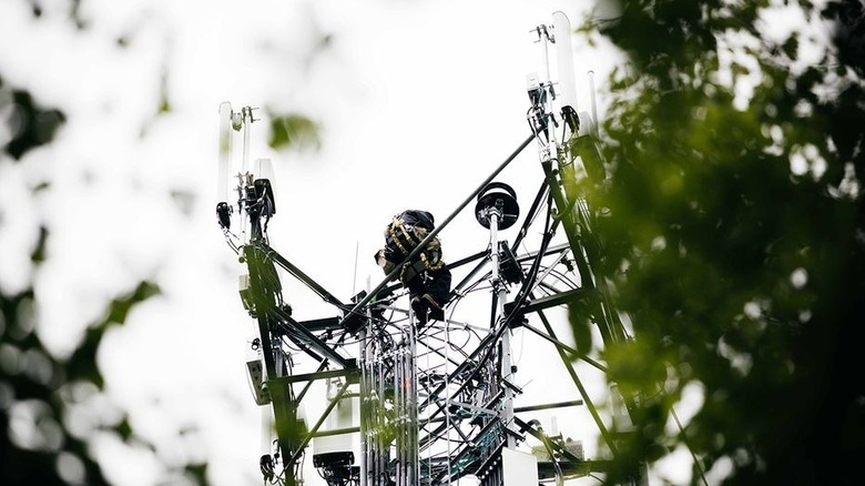 wireless communication tower as seen from the ground