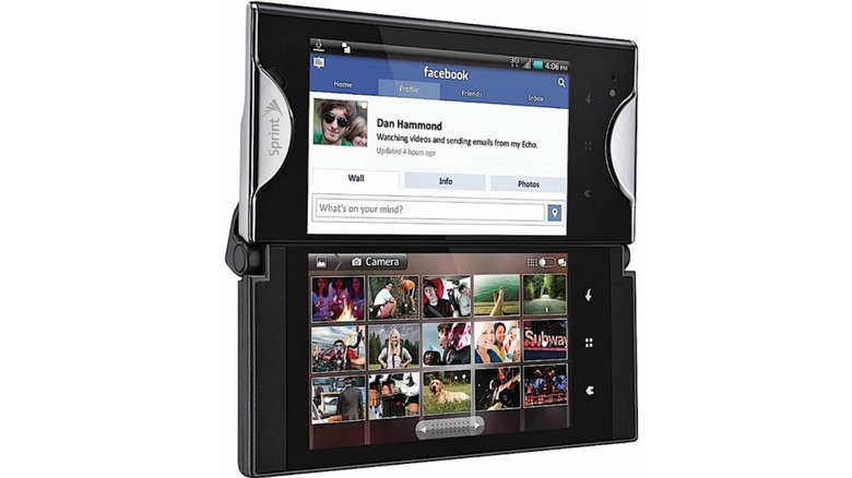 Unfolded Kyocera Echo phone showing facebook and gallery on the two screens