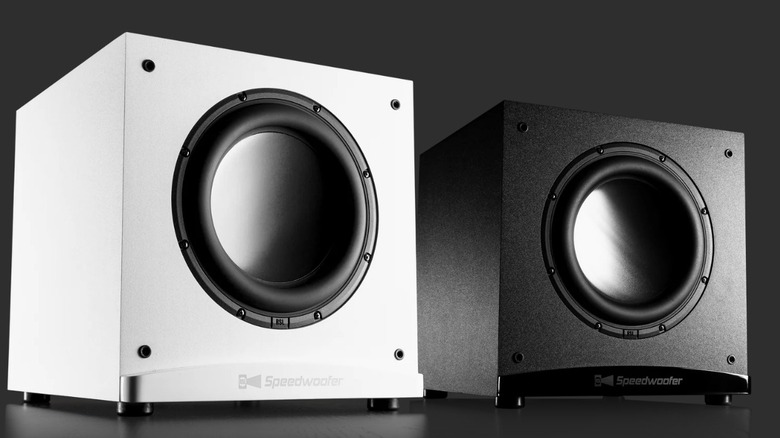 A pair of white and black RSL Speedwoofer 10S MKIIs