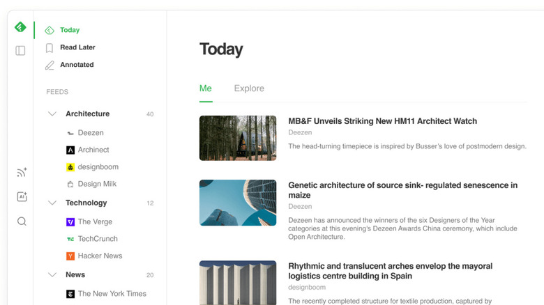Feedly Today RSS feed with feed sidebar open