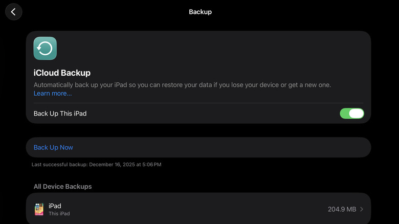 iPad showing iCloud Backup option