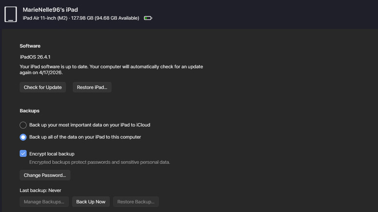 Apple Devices on PC showing Backup option for iPad
