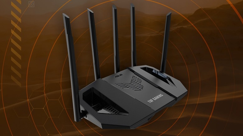 Asus TUF-BE6500 Wi-Fi 7 router against a brown background featuring concentric circles