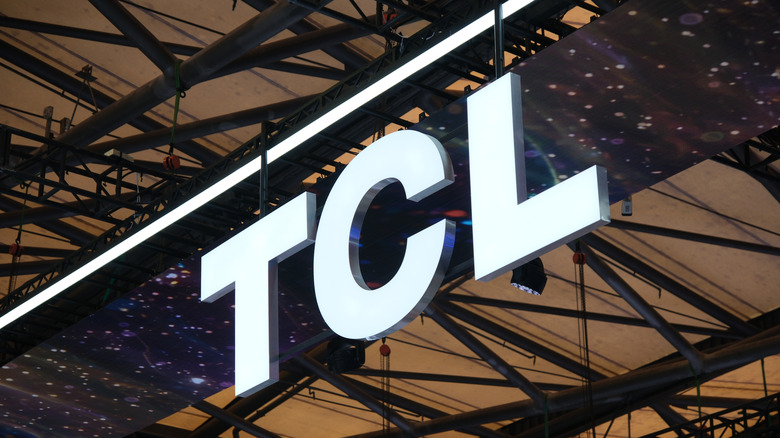 a TCL display hung from the ceiling