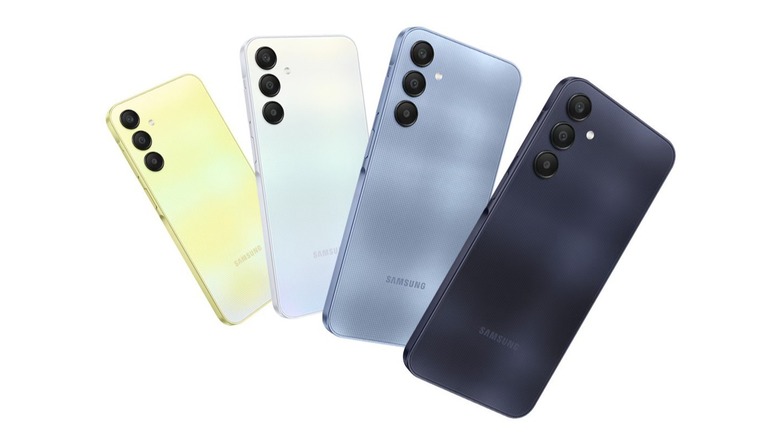 Four Samsung Galaxy A25 phones against a white backdrop.