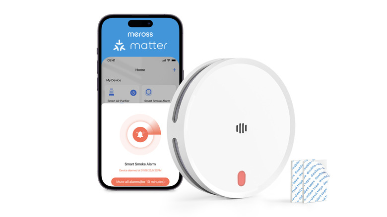 The Meross MA151 alarm on a white background alongside a smartphone showing the associated app.