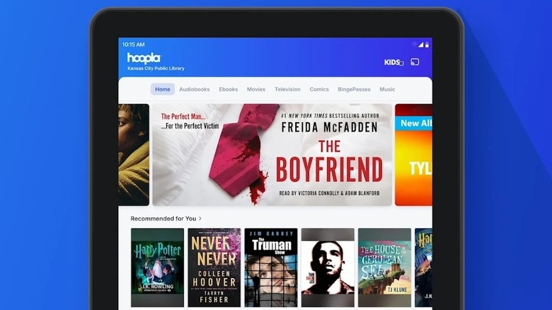 Hoopla app for Android tablets against a blue background