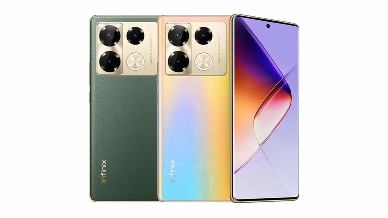 Three Infinix Note 40 Pro phones with different color schemes
