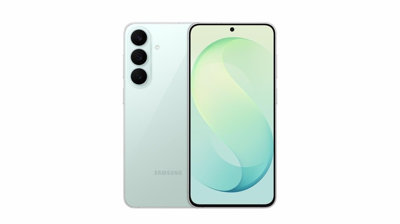 The Galaxy S26 in a Pistachio color featuring three cameras on the back and the Samsung logo near the bottom