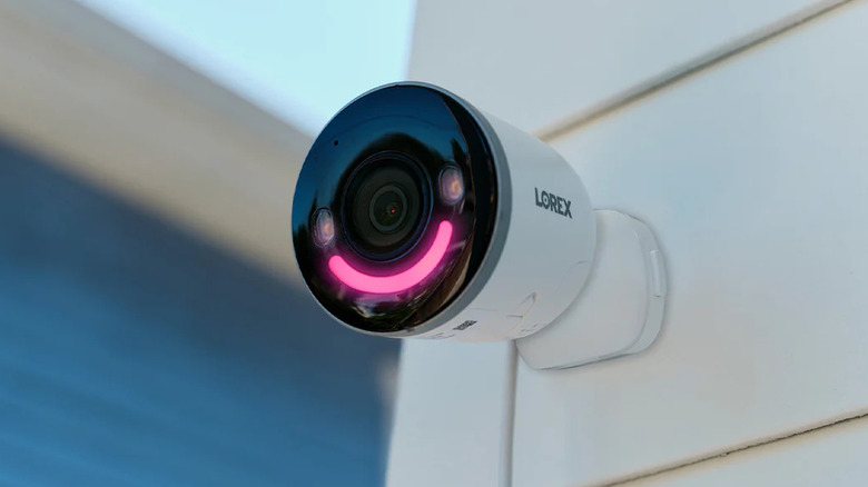 The Lorex 4K Spotlight Outdoor Wi-Fi 6 Security Camera mounted to a house