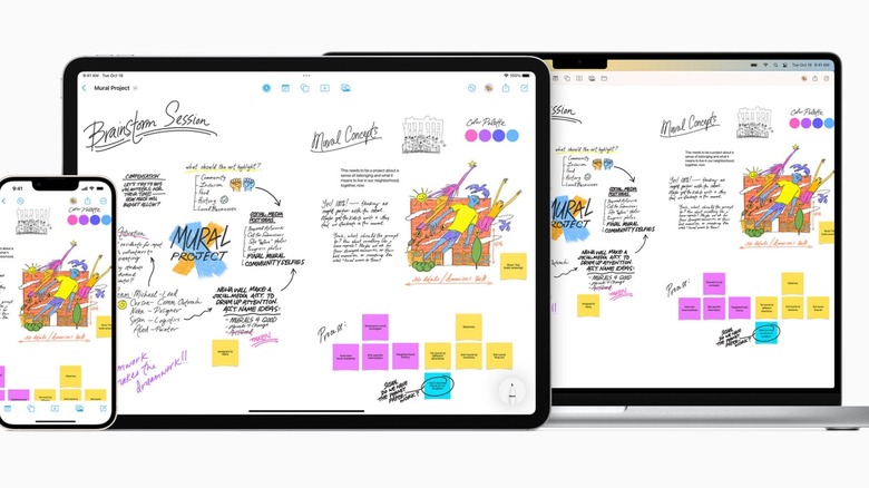 A screenshot of an iPad, an iPhone, and a Mac running the Freeform app