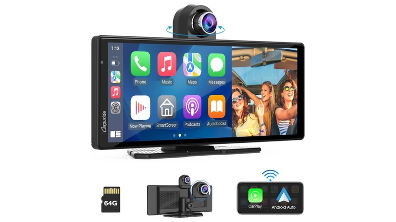 An Amazon promotional photo for the Carpuride W903 Portable Wireless CarPlay Screen, the image showcases the front and back of the device, its camera, SD card support, and support for CarPlay and Android Auto