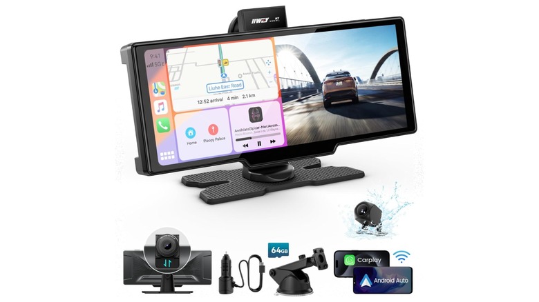An Amazon promotional photo for the IIWEY 10-inch Portable Apple CarPlay Screen, the image showcases the screen, the device's cameras, as well as the charger and stand the device is equipped with