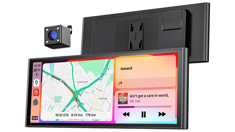 An Amazon promotional photo for the Krunia Wireless Portable CarPlay Screen, the image shows the front and back of the screen, along with the camera