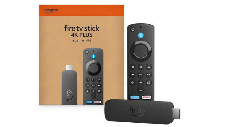 Amazon Fire TV Stick 4K Plus, remote, and retail box shown on a white background.