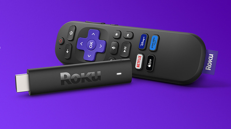 Roku Streaming Stick 4K and remote shown on a purple background.
