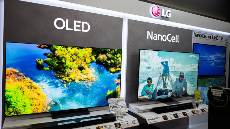 An LG OLED TV display at an electronics store