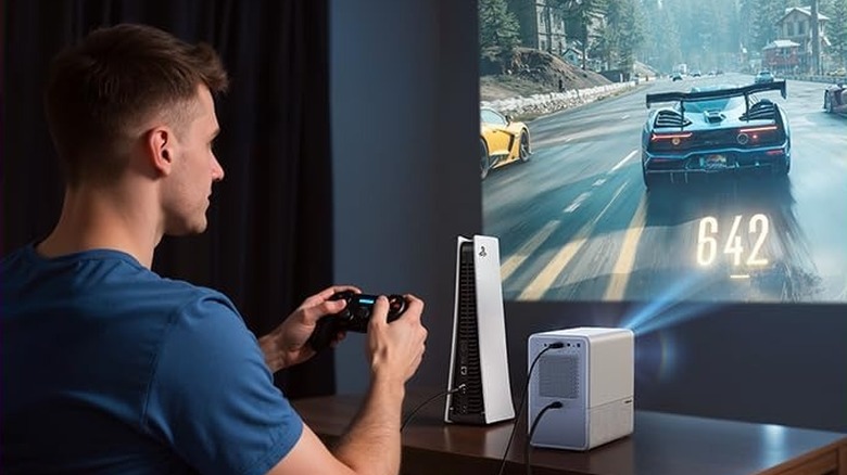 The Aurzen EAZZE D1R Cube Roku TV Smart Projector being used to play PS5 games.