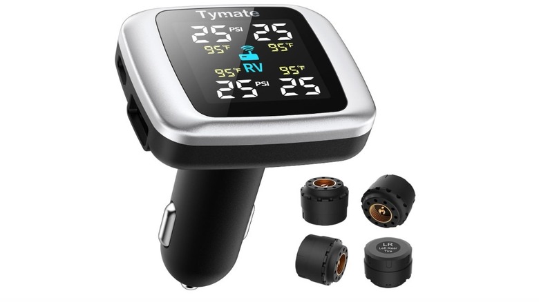 Tymate Tire Pressure Monitoring System with a digital display and four external sensors.
