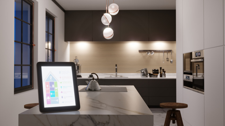 A smart home interface on a tablet on a kitchen counter