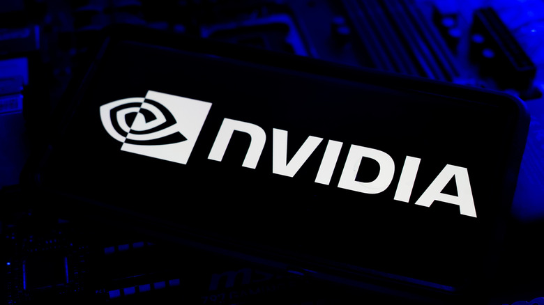 Nvidia company logo on a smartphone with blue lights around